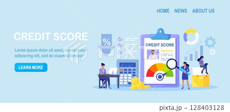 Credit score, rating. Women examining client creditworthiness report with credit history . Bank analysts evaluating ability of prospective debtor to pay debt. Payment history data meter. Loan, mortage 128403128