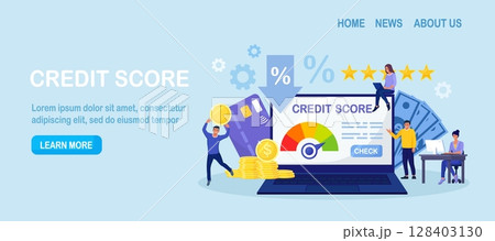 Credit score, rating. People examining client creditworthiness report with credit history . Bank analysts evaluating ability of prospective debtor to pay debt. Payment history data meter. Loan mortage 128403130