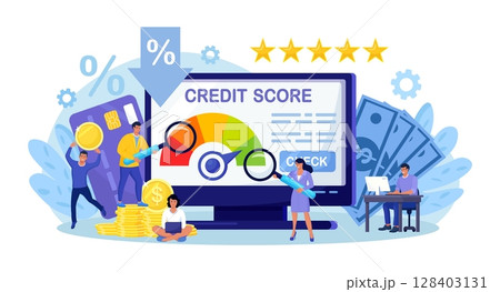 Credit score, rating. People examining client creditworthiness report with credit history . Bank analysts evaluating ability of prospective debtor to pay debt. Payment history data meter. Loan mortage 128403131