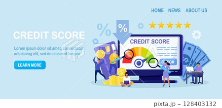 Credit score, rating. People examining client creditworthiness report with credit history . Bank analysts evaluating ability of prospective debtor to pay debt. Payment history data meter. Loan mortage 128403132