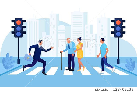 Woman helping old man crossing city street. People walking on road crosswalk and hurry at work. Urban lifestyle and traffic concept. Pedestrians moving by road with traffic lights and crosswalk Woman helping old man crossing city street. People walking on road crosswalk and hurry at work. Urban lifestyle and traffic concept. Pedestrians moving by road with traffic lights and crosswalk 128403133