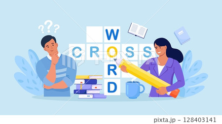 People Solve Huge Crossword Filling Empty Boxes with Letters. Tiny Characters with Pencil Solve Puzzle. Brain Training, Logic Game. Woman and Man Thinking on Riddle. Spare Time Recreation People Solve Huge Crossword Filling Empty Boxes with Letters. Tiny Characters with Pencil Solve Puzzle. Brain Training, Logic Game. Woman and Man Thinking on Riddle. Spare Time Recreation 128403141