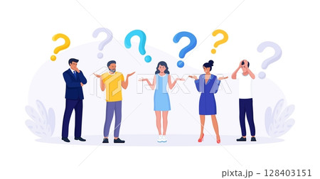 People thinking or solving problem. Frequently asked questions. Characters doubts and questioning everything with question mark. Searching solution 128403151