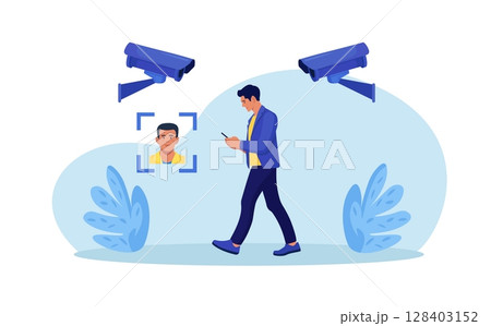 Security camera technology. Biometric facial recognition. Personal security control authentication. Video surveillance and CCTV cameras provide safety Security camera technology. Biometric facial recognition. Personal security control authentication. Video surveillance and CCTV cameras provide safety 128403152