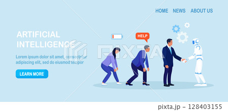 Artificial intelligence handshaking with businessman. Business automation. High productivity AI robot works efficiency. Automation or robotic assistance. Future cooperation, technology advance 128403155
