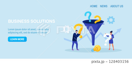 FAQ frequently asked question. Business people with funnel to get solution, filter with question marks. Solving problem, brainstorming, problems research and finding new idea, answer questions 128403156