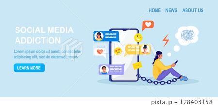 Social media addiction. Young woman addicted to smartphone. Character holding phone, surfing internet, chatting. Handcuffed girl chained to phones 128403158