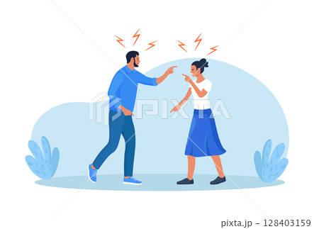 Conflict between man and woman. Married people quarrel, wife and husband arguing. Family conflict. Angry couple shouting at each other. Parting, divorce, misunderstanding and crisis in family. 128403159