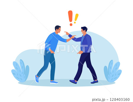 Business conflict, rivalry among colleagues. Two men arguing and fighting. Colleagues debating or misunderstanding. People quarrel and swear. Aggressive characters yell at each other 128403160