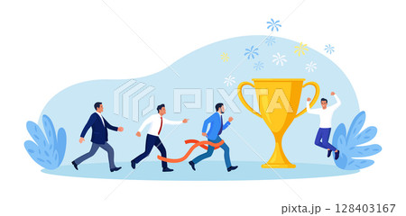 Businessman running to trophy, crossing finish line and tearing ribbon. Business success or achievement, skill or effort to succeed in work. Competitive process in business. Way to achieve the goal 128403167