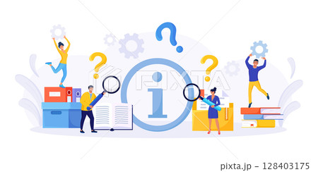 Users looking for information. People searching files in database, archive, info storage. Information center or communication service. FAQ or question and answer 128403175