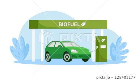 Biofuel petrol refill station with vehicles. Auto fueled with green gas. Alternative energy. Environment without greenhouse gases and CO2 emissions Biofuel petrol refill station with vehicles. Auto fueled with green gas. Alternative energy. Environment without greenhouse gases and CO2 emissions 128403177