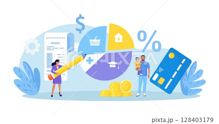 Personal income and expense management. Family budget strategy, planning. Young couple divides the items of expenditure. Control household finance 128403179