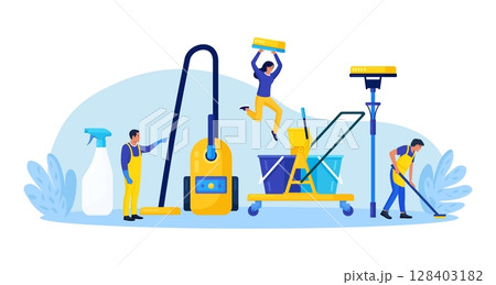 Cleaning service or company. Janitors in uniform with mop and bucket of cleaning agent. Characters dusting, mopping floor and tidying up. Professional hygiene service for domestic households Cleaning service or company. Janitors in uniform with mop and bucket of cleaning agent. Characters dusting, mopping floor and tidying up. Professional hygiene service for domestic households 128403182