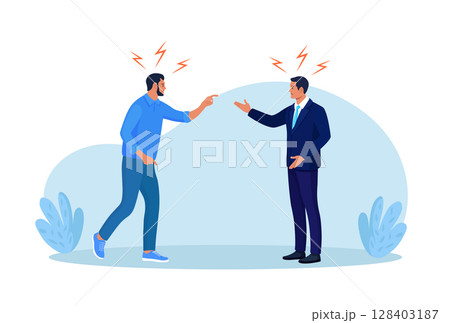 Business conflict, rivalry among colleagues. Two men arguing and fighting. Colleagues debating or misunderstanding. People quarrel and swear. Aggressive characters yell at each other 128403187
