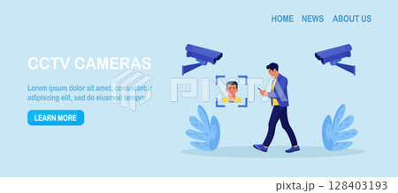 Security camera technology. Biometric facial recognition. Personal security control authentication. Video surveillance and CCTV cameras provide safety 128403193