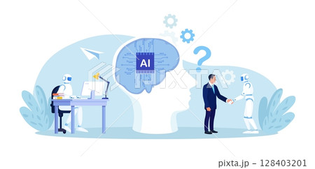 Businessman collaborates with smart AI brain. Business automation. AI robot performance. Robotic assistance. Human and artificial intelligence work together, machine assists or supports the work 128403201