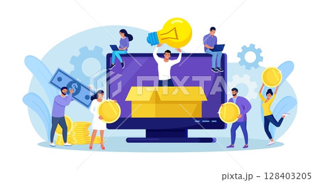 Crowdfunding. Startup investment. Online service project to support, donate or collective raise money for new ideas. Crowdsourcing project, alternative financing. People putting money in donation box 128403205