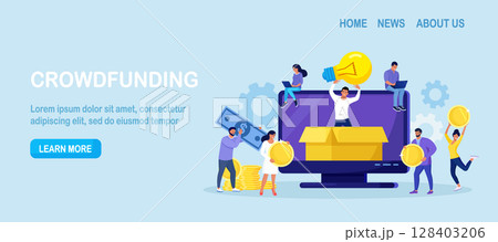 Crowdfunding. Startup investment. Online service project to support, donate or collective raise money for new ideas. Crowdsourcing project, alternative financing. People putting money in donation box Crowdfunding. Startup investment. Online service project to support, donate or collective raise money for new ideas. Crowdsourcing project, alternative financing. People putting money in donation box 128403206