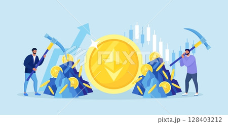 Man with pickaxe extracting ethereum or bitcoin crypto coin out of rock. Mining crypto, Cryptocurrency mining farms. People trading, investing in cryptocurrencies. Digital currency farming. Blockchain Man with pickaxe extracting ethereum or bitcoin crypto coin out of rock. Mining crypto, Cryptocurrency mining farms. People trading, investing in cryptocurrencies. Digital currency farming. Blockchain 128403212
