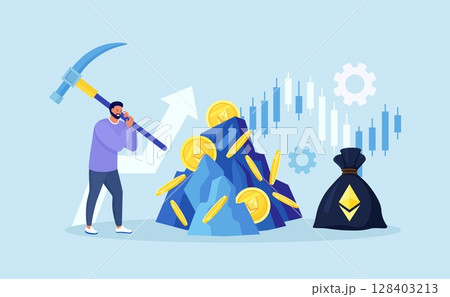 Man with pickaxe extracting crypto coin out of rock. Mining crypto, Cryptocurrency mining farms. People trading, investing in cryptocurrencies. Digital currency farming. Blockchain 128403213