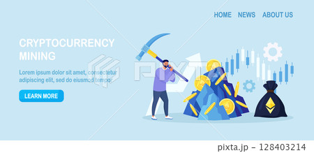 Man with pickaxe extracting crypto coin out of rock. Mining crypto, Cryptocurrency mining farms. People trading, investing in cryptocurrencies. Digital currency farming. Blockchain 128403214