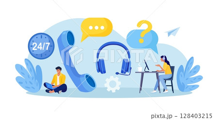 Customer Service Agent with Headsets Talking with Client. Technical Global Support, Assistance, Call Center. Contact Us. Hotline. Satisfaction and Loyalty. Customers care 128403215