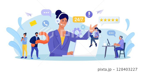 Customer support. Contact us. Woman with headphones and microphone with laptop talking with clients. Personal assistant service, hotline operator advises customer, online global technical support Customer support. Contact us. Woman with headphones and microphone with laptop talking with clients. Personal assistant service, hotline operator advises customer, online global technical support 128403227