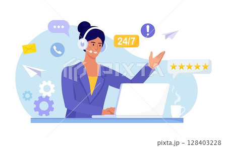 Customer support. Contact us. Woman with headphones and microphone with computer talking with clients. Personal assistant service, hotline operator advises customer, online global technical support Customer support. Contact us. Woman with headphones and microphone with computer talking with clients. Personal assistant service, hotline operator advises customer, online global technical support 128403228