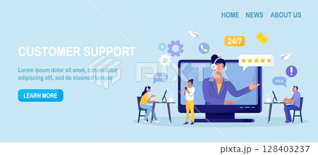 Customer support. Contact us. Woman with headphones and microphone talking with clients on laptop screen. Personal assistant service, hotline operator advises customer, online global technical support 128403237