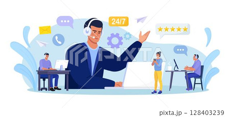 Customer support. Contact us. Man with headphones and microphone with laptop talking with clients. Personal assistant service, hotline operator advises customer, online global technical support Customer support. Contact us. Man with headphones and microphone with laptop talking with clients. Personal assistant service, hotline operator advises customer, online global technical support 128403239