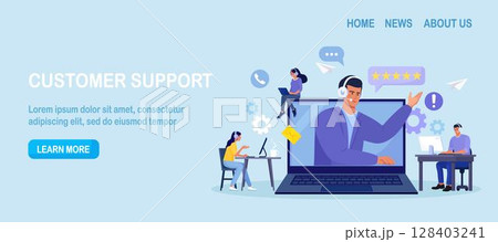 Customer support. Contact us. Man with headphones and microphone talking with clients on laptop screen. Personal assistant service, hotline operator advises customer, online global technical support 128403241