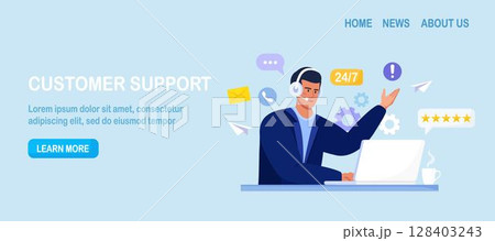 Customer support. Contact us. Man with headphones and microphone with computer talking with clients. Personal assistant service, hotline operator advises customer, online global technical support 128403243