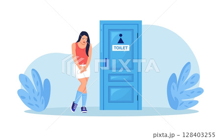 Woman suffer from cystitis or urinary infection, standing at the closed toilet door and want to pee. Female character suffering from diarrhea, hemorrhoids, constipated. Person with bladder disease 128403255