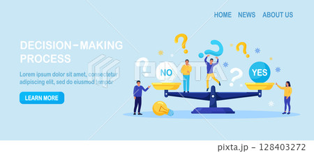 Businessman standing near big scales with No and Yes signs. Businessman standing near big scales with No and Yes signs. 128403272