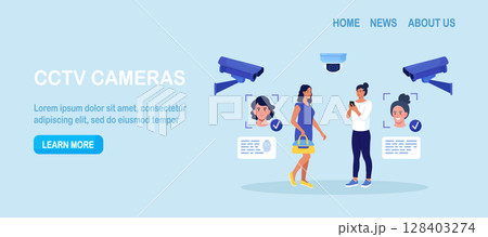 Security camera technology. Biometric facial recognition. Personal security control authentication. Video surveillance and CCTV cameras provide safety 128403274