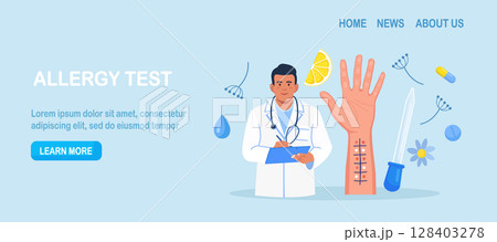 Allergy test. Patient hand with incisions for testing for allergens. Laboratory equipment for analysis. Allergic reaction. Allergology, immunology Allergy test. Patient hand with incisions for testing for allergens. Laboratory equipment for analysis. Allergic reaction. Allergology, immunology 128403278