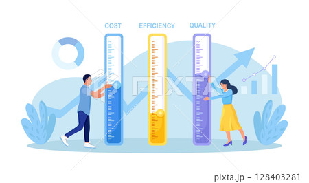 Business cost optimization of services and products. Businessman adjust level for cost, efficiency and quality. Characters reduce price with level meter. Development and growth business 128403281