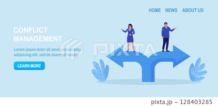 Different business direction, team conflict. Opposite decision, disagreement. Conflict of interest. Business people confrontation. Businessmen standing on arrows in opposite positions 128403285