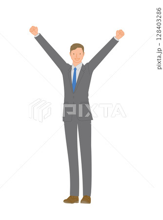 ビジネススーツを着た笑顔の若い男性：ガッツポーズでバンサイ 128403286