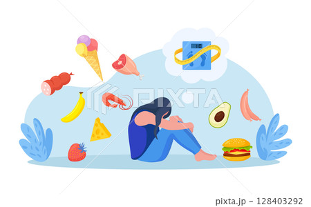 Eating disorders as psychological illness. Excessive weight control. Depressed woman worries about being overweight. Addiction to slimming, mental guilty feeling. Overeating, bulimia, anorexia Eating disorders as psychological illness. Excessive weight control. Depressed woman worries about being overweight. Addiction to slimming, mental guilty feeling. Overeating, bulimia, anorexia 128403292