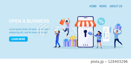 Business owner and entrepreneur start small business or retail shop. New online store, website. Woman opens the lock with a key. Opening internet store Business owner and entrepreneur start small business or retail shop. New online store, website. Woman opens the lock with a key. Opening internet store 128403296