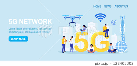 5G Network Wireless Technology. High-speed Mobile Internet. People Using New Generation Networks for Communication by Gadgets. Characters Near Big 5G Sign. Wireless Mobile Telecommunication Service 128403302