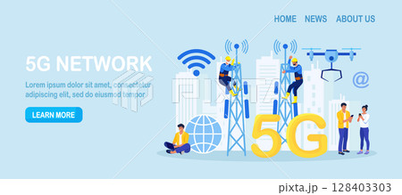 5G Network Wireless Technology. People Using New Generation Networks for Communication by Gadgets. Workers on Transmitter Tower Set Up High-speed Mobile Internet. Wireless Telecommunication Service 128403303
