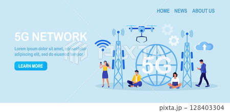 5G Network Wireless Technology. High-speed Mobile Internet. People Using New Generation Networks for Communication by Gadgets. Characters Near Big 5G Sign. Wireless Mobile Telecommunication Service 128403304