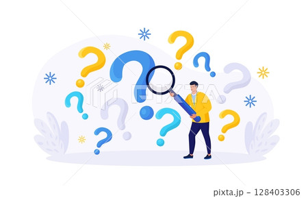 Man holding magnifying glass, researching information. FAQ Frequently Asked Questions, query. Root cause analysis, solving problem. Creative thinking idea. Investigate, search or analyze data Man holding magnifying glass, researching information. FAQ Frequently Asked Questions, query. Root cause analysis, solving problem. Creative thinking idea. Investigate, search or analyze data 128403306