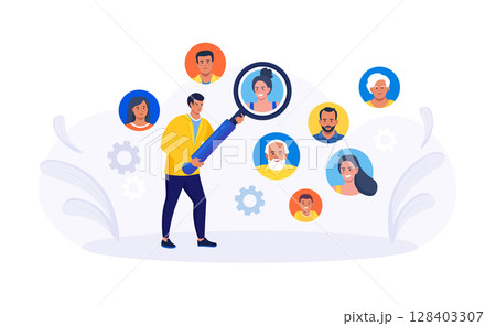HR manager searching best candidates with magnifying glass. Job recruitment process. Finding new employee. Recruitment, hiring process. Human resources 128403307