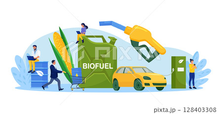 Biofuel petrol refill station with vehicles. Renewable energy source derived from organic materials. Reducing greenhouse gas emissions. Alternative green diesel. Environmental care, sustainability Biofuel petrol refill station with vehicles. Renewable energy source derived from organic materials. Reducing greenhouse gas emissions. Alternative green diesel. Environmental care, sustainability 128403308