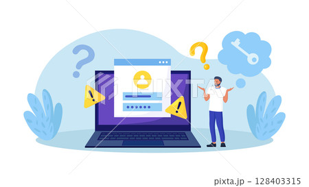 Confused man forgetting her password for web page. User assistance and password reset services. Person who forgot his personal data when he wanted to log in. Authorization and identification Confused man forgetting her password for web page. User assistance and password reset services. Person who forgot his personal data when he wanted to log in. Authorization and identification 128403315