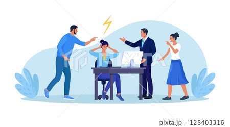 Abuse or bullying colleague. People blaming at depressed businessman. Worker sitting at desk with computer and documents hiding head. Employees point fingers and laugh. Emotional stress on work Abuse or bullying colleague. People blaming at depressed businessman. Worker sitting at desk with computer and documents hiding head. Employees point fingers and laugh. Emotional stress on work 128403316